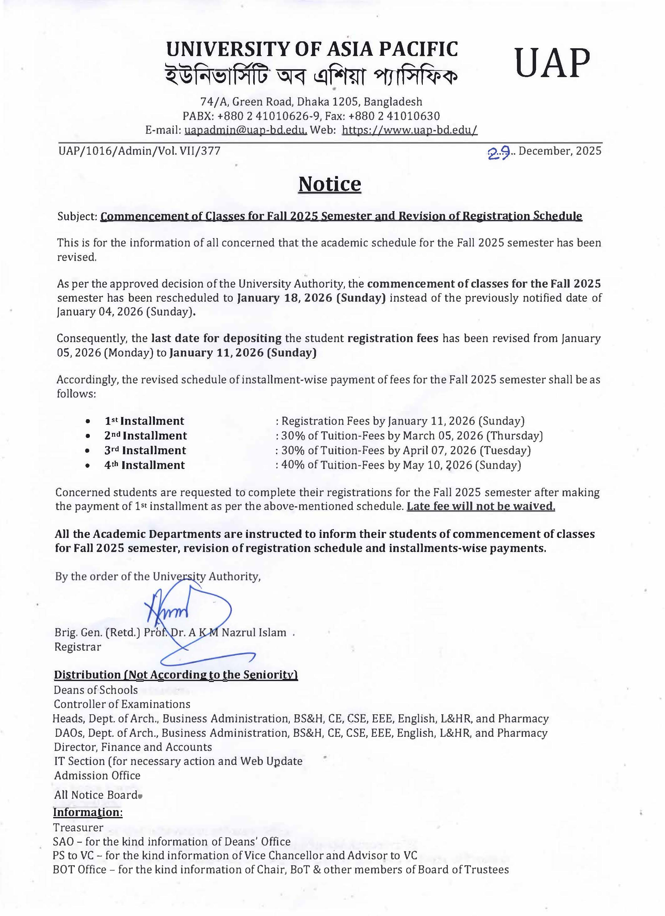 Notice Commencement of Classes Fall 2025